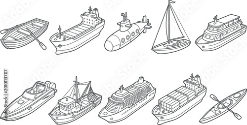 Foto Black and white illustration of various types of boats and ships  transportation