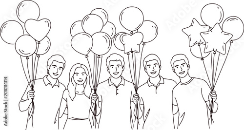 фотографія Happy diverse people holding balloons celebrating occasion on transparent background