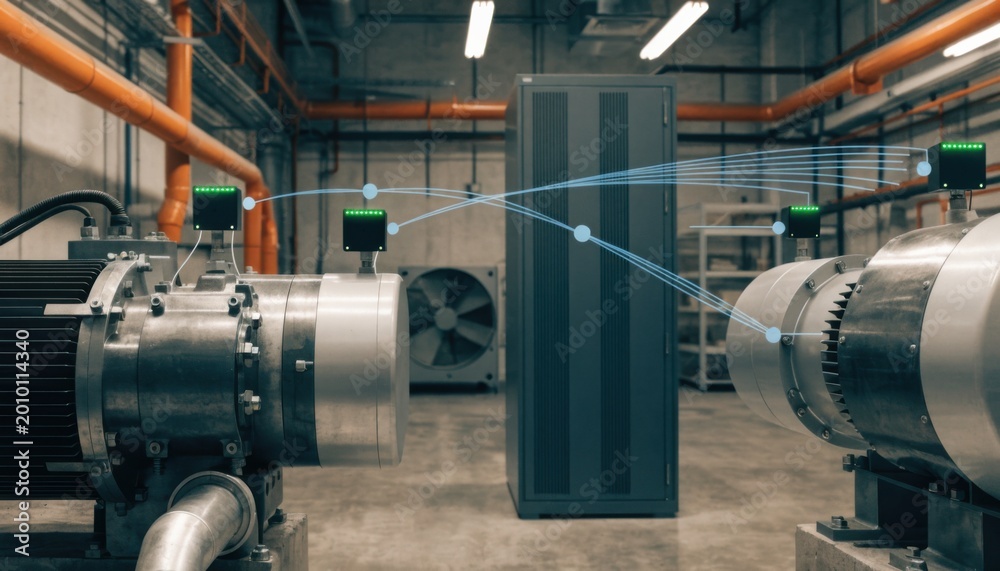 Naklejka premium Medium shot capturing cloudconnected IoT compressor modules streaming performance metrics to a centralized remote dashboard for predictive maintenance.