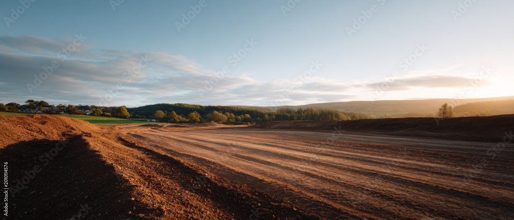 Fototapeta premium Sunlit freshly plowed agricultural field landscape