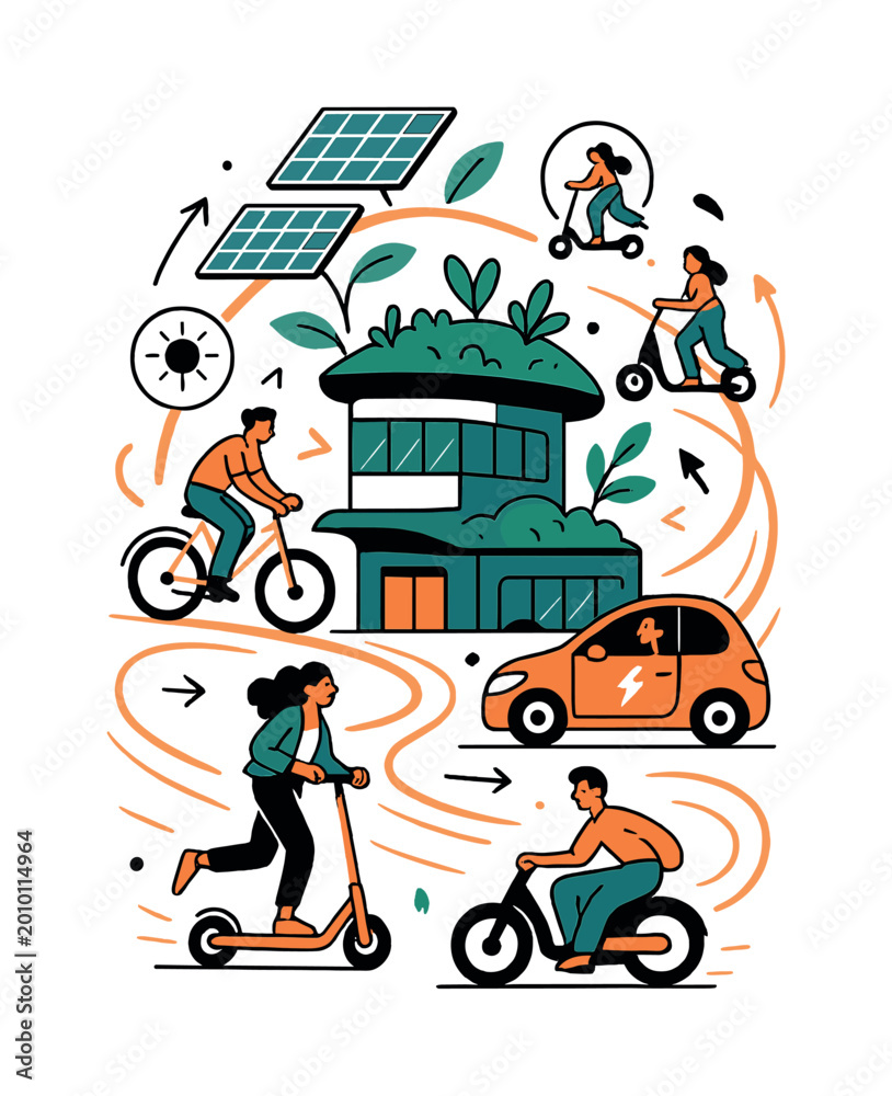 Naklejka premium Eco-Friendly Transit Hub. Eco-Friendly Transportation Hubs. Stylized terminal with floating solar panels,