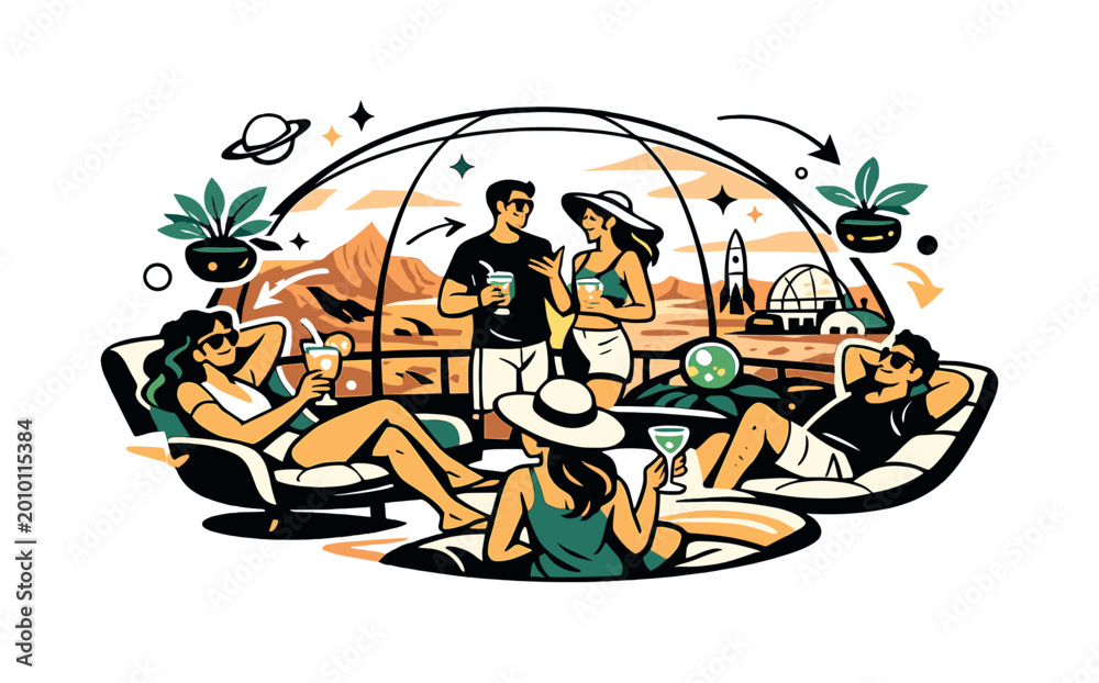 Fototapeta premium Mars leisure domes. Vacationers relaxing inside transparent biodomes under red skies.