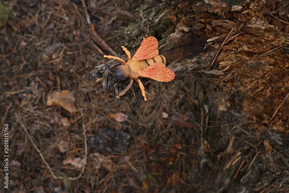 Fototapeta premium Toy insect resembling a bee sitting on a tree stump, illustrating artificial habitat concept life