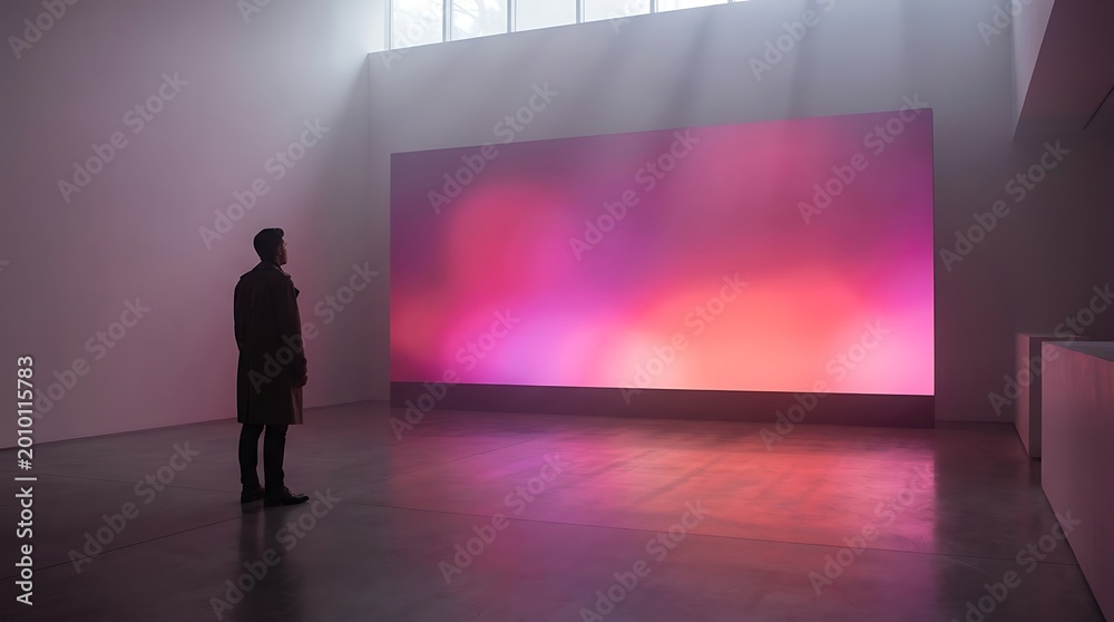 Obraz premium Man standing in front of a large, illuminated screen with pink and purple hues