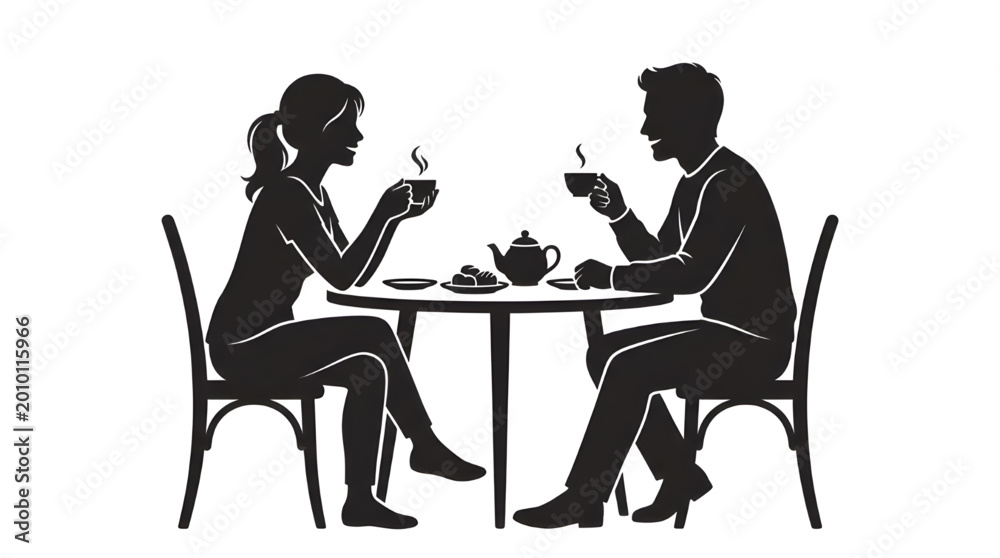 Fototapeta premium Elegant black and white silhouette illustration of a couple enjoying a peaceful tea or coffee break together at a table, symbolizing relaxation and social connection