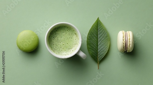 Matcha latte with frothy foam served alongside colorful macarons and fresh green leaf on minimalist sage background for wellness and healthy lifestyle concept branding