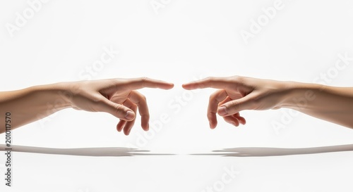 Two human hands reaching out to touch each other against a white background, symbolizing connection, collaboration, and unity. Minimalist concept of support and partnership.