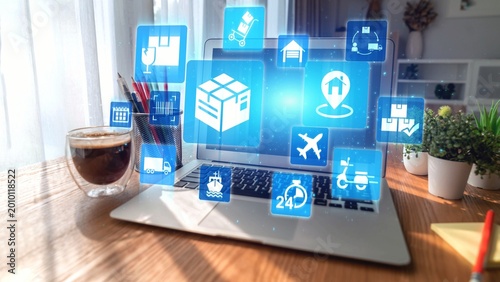 Foto Goods delivery tracking icons show shipping, goods delivery routes, and logistics monitoring