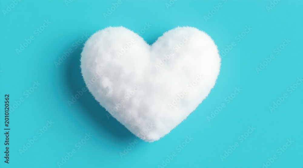 Fototapeta premium White fluffy heart shape cloud on blue background. Minimalist composition symbolizes love, purity, comfort, peace and gentle emotion. Light, airy texture.