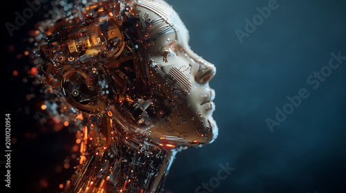 Humanoid AI Robot Touching Digital Particles Symbolizing Artificial Intelligence