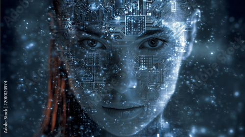 Humanoid AI Robot Touching Digital Particles Symbolizing Artificial Intelligence