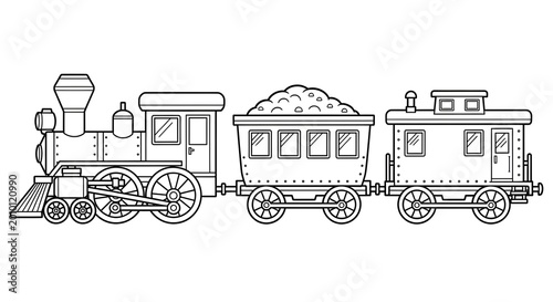 Vintage Steam Train Cartoon Outline. Locomotive, coal car, and caboose line art illustration. Black and white for coloring book.