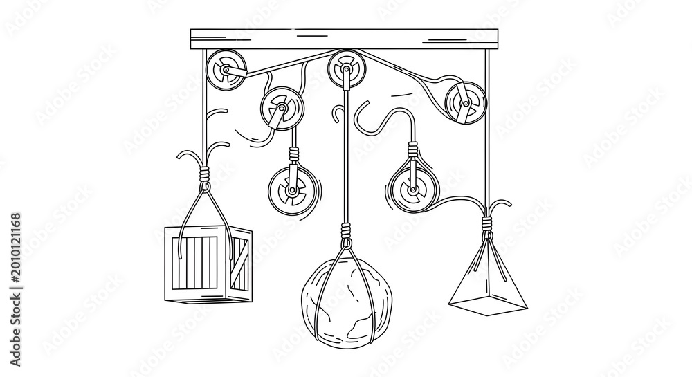 Naklejka premium Physics illustration of various pulley systems with different loads, demonstrating mechanical advantage principles