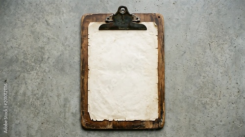 Old vintage wooden clipboard with aged paper on a gray stone texture background