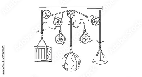 Physics illustration of various pulley systems with different loads, demonstrating mechanical advantage principles