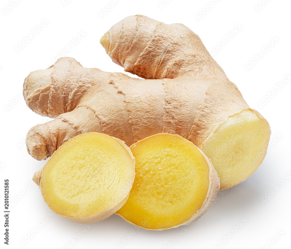 Naklejka premium Ginger root with ginger slices isolated on a white background