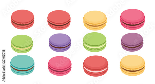 Delicious variety of colorful french macarons in assorted flavors are arranged in a neat grid on a white background.