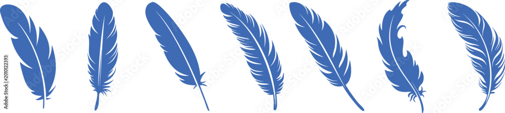 Obraz premium Blue Feather Silhouette Collection Vector, Hand Drawn Nature Feather Icons PNG Transparent Background