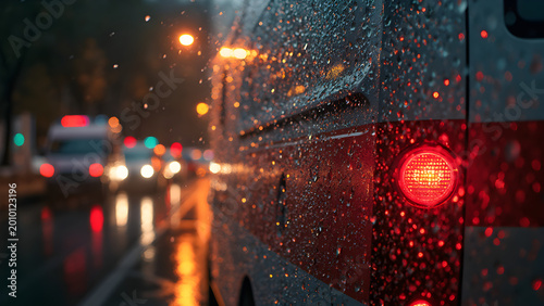 Raindrops on ambulance window. Blurred city lights reflections. Urban nighttime scenes. Emergency vehicle imagery.