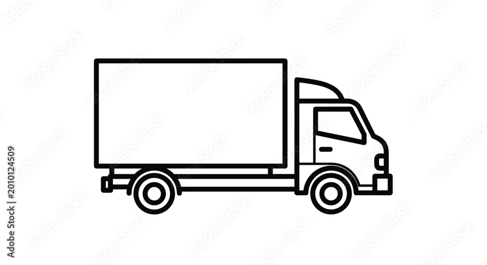 Fototapeta premium Line art illustration of a delivery box truck isolated on a white background representing transportation, logistics, and shipping services.