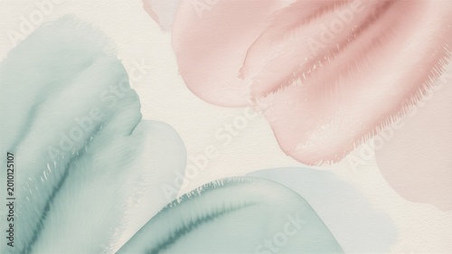 Abstract soft pastel watercolor wash background, with flowing light, pink and mint, green paint strokes, on textured paper surface