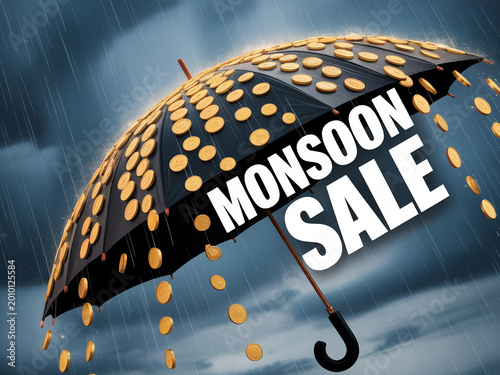 Monsoon Sale Umbrella with Rainy Gold Coins Creative Discount Banner Design Concept Offer