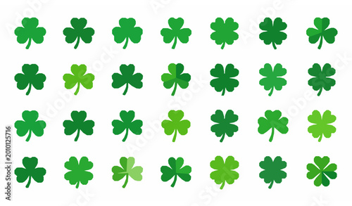 Foto Flat shamrock and four leaf clover icon set with green Irish luck symbols in sim
