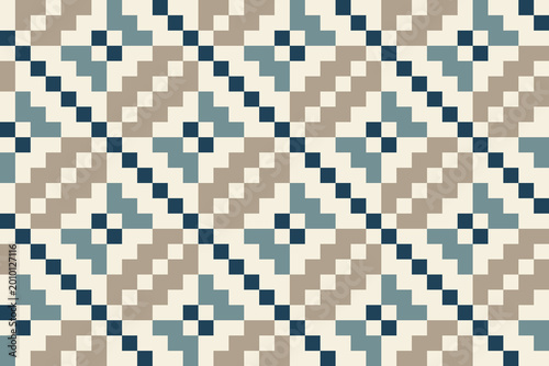 Ethnic Kilim Inspired Seamless Pattern, Navy and Taupe Geometric Pixelated Background, Tribal Style Ornament for Home Decor and Packaging, Traditional Woven Fabric Texture, Mosaic Cross Stitch Graphic