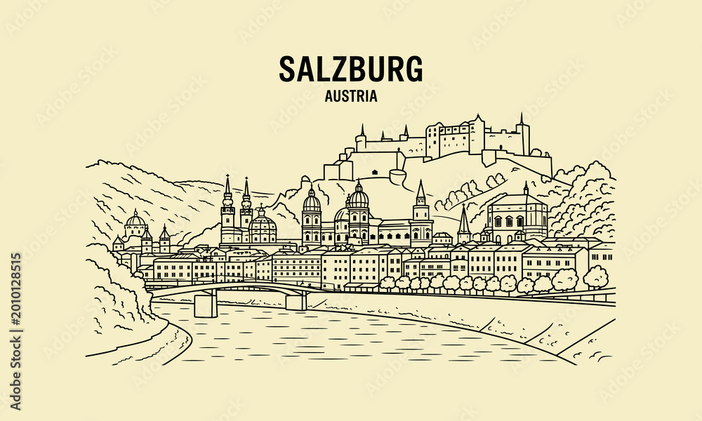 Naklejka premium Salzburg Austria Cityscape Sketch with River and Fortress Keywords: Salzburg, Austria, cityscape