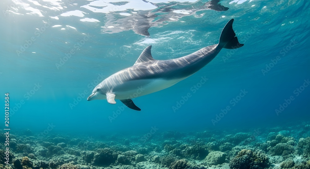 Naklejka premium Dolphin swimming underwater near coral reef