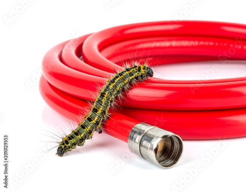 Caterpillar on red hose.