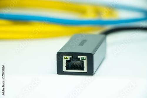 Photos Data center concept of network adapter isolated on white background