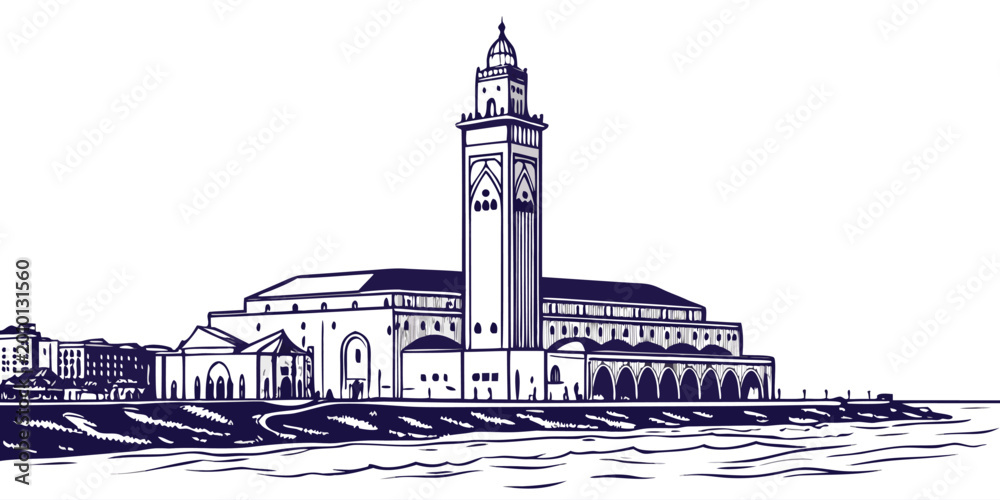 Obraz premium Casablanca Skyline Silhouette | Hassan II Mosque Vector Wall Art