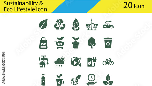 Sustainability and eco lifestyle 20 green symbols green ecology