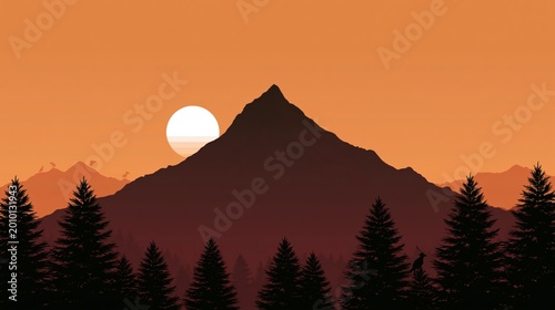 A silhouette of a mountain with pine trees in the foreground and a setting sun against an orange sky.