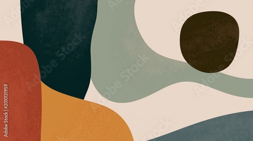 Abstract composition featuring organic shapes in muted tones of teal, rust, ochre, beige, and dark brown with textured surfaces.