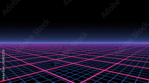 A neon grid landscape with glowing blue and pink lines stretching into a dark horizon, evoking a retro-futuristic or cyberpunk digital environment.