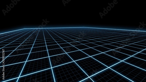 A futuristic digital grid with neon blue lines on a black background, resembling a virtual landscape or cyberspace environment.