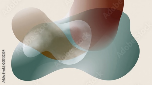 Smooth, overlapping translucent shapes in muted earth tones form an abstract, organic composition on a beige background.