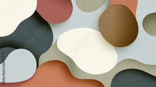 Abstract artwork featuring smooth, overlapping organic shapes in earthy tones of beige, brown, rust, gray, and cream, creating a modern, layered visual effect.