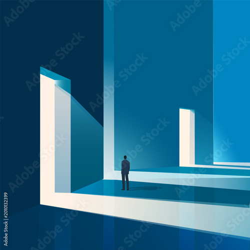 Minimalist abstract architecture with a man