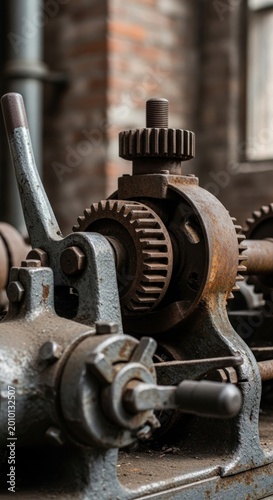 An detailed close-up of a rusty old gear wheel and iron machinery parts from a vintage industrial factory lathe engine