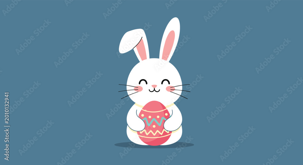 Obraz premium Adorable little white easter bunny with pink ears holding a decorated pink easter egg on a clean blue background.
