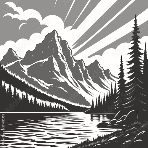 Bild auf Leinwand Monochrome mountain landscape with sunburst effect and forest lake, mountain