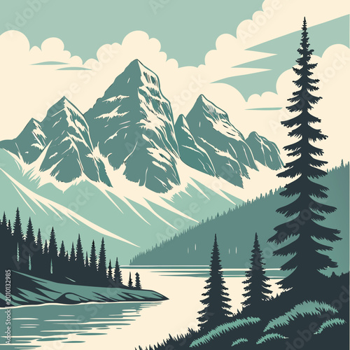 Εκτύπωση καμβά Mountainous lake view with coniferous forest mountains landscape wilderness