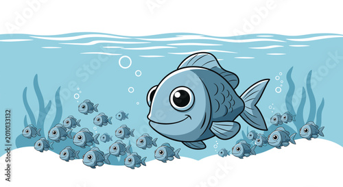 Large smiling blue fish swims among a school of smaller blue fish in an underwater coral reef scene with sea plants.