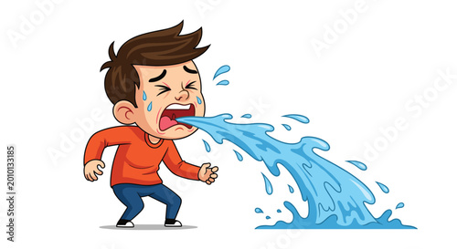 Sick cartoon boy in an orange shirt and blue pants experiencing sudden nausea and vomiting a large stream of blue liquid.