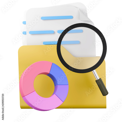 Data Inspection: Visual representation of detailed analysis with documents, magnifier, and infographic on information.