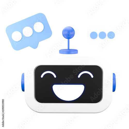 Cheerful Chatbot: A friendly chatbot with a happy expression and speech bubble conveys a welcoming digital assistant experience. 