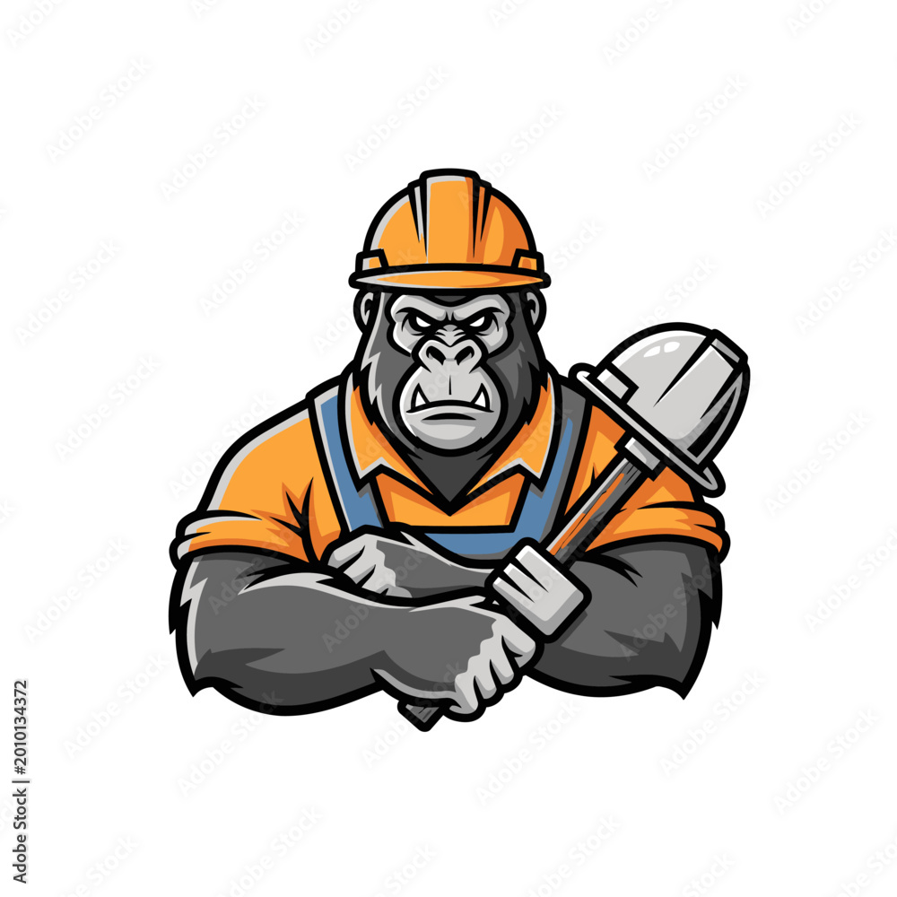 Fototapeta premium Angry Gorilla Construction Worker Holding Shovel, Mascot Logo, Strong Animal Character, Laborer in Hard Hat and Overalls